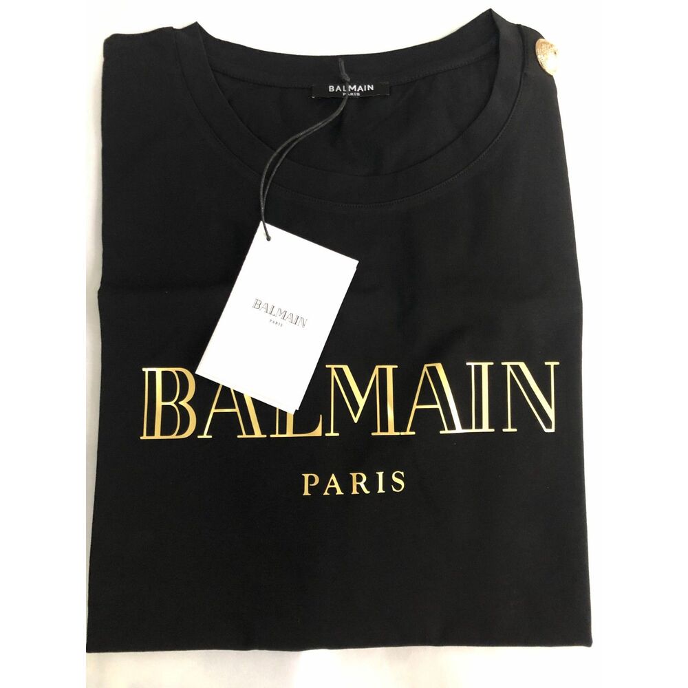 Balmain Paris Black Gold Logo T-Shirt Men’s Size 2XL